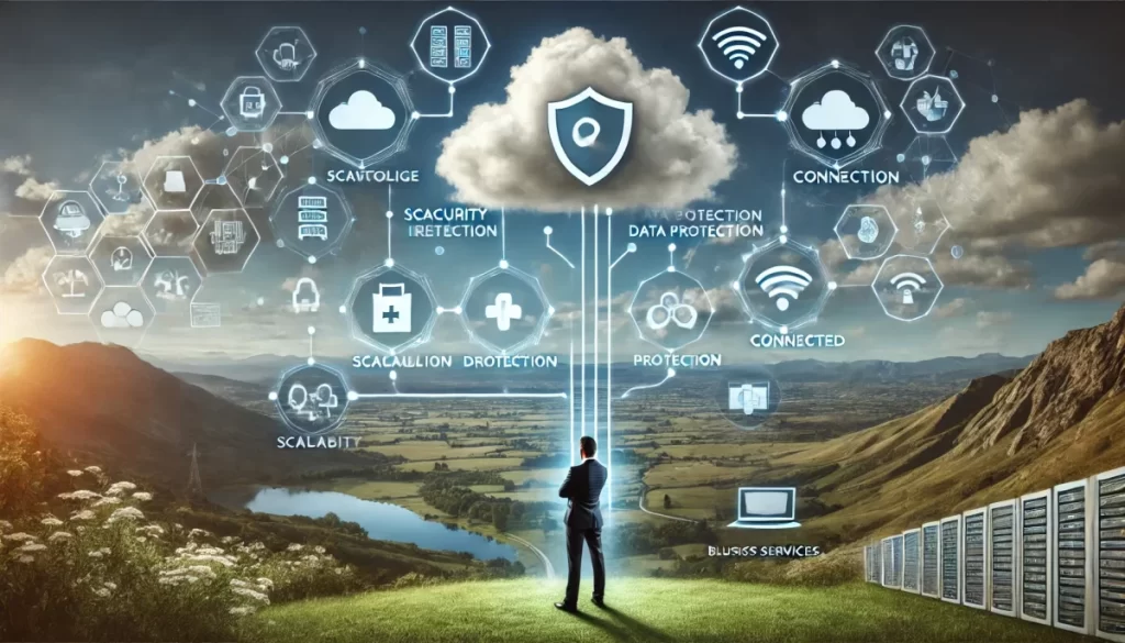 Professional landscape image representing the process of choosing a cloud provider, with cloud infrastructure, security shields, and connected business services for scalability and data protection.