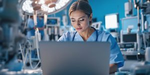 Healthcare professional working on a laptop in medical setting.