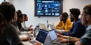 Diverse individuals collaborating in a cybersecurity training session.