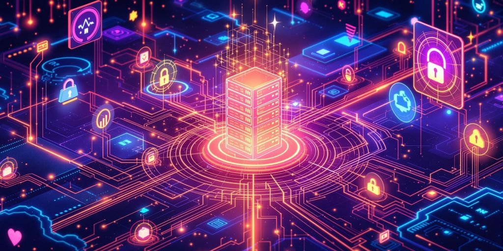 Digital landscape with servers and cybersecurity icons.